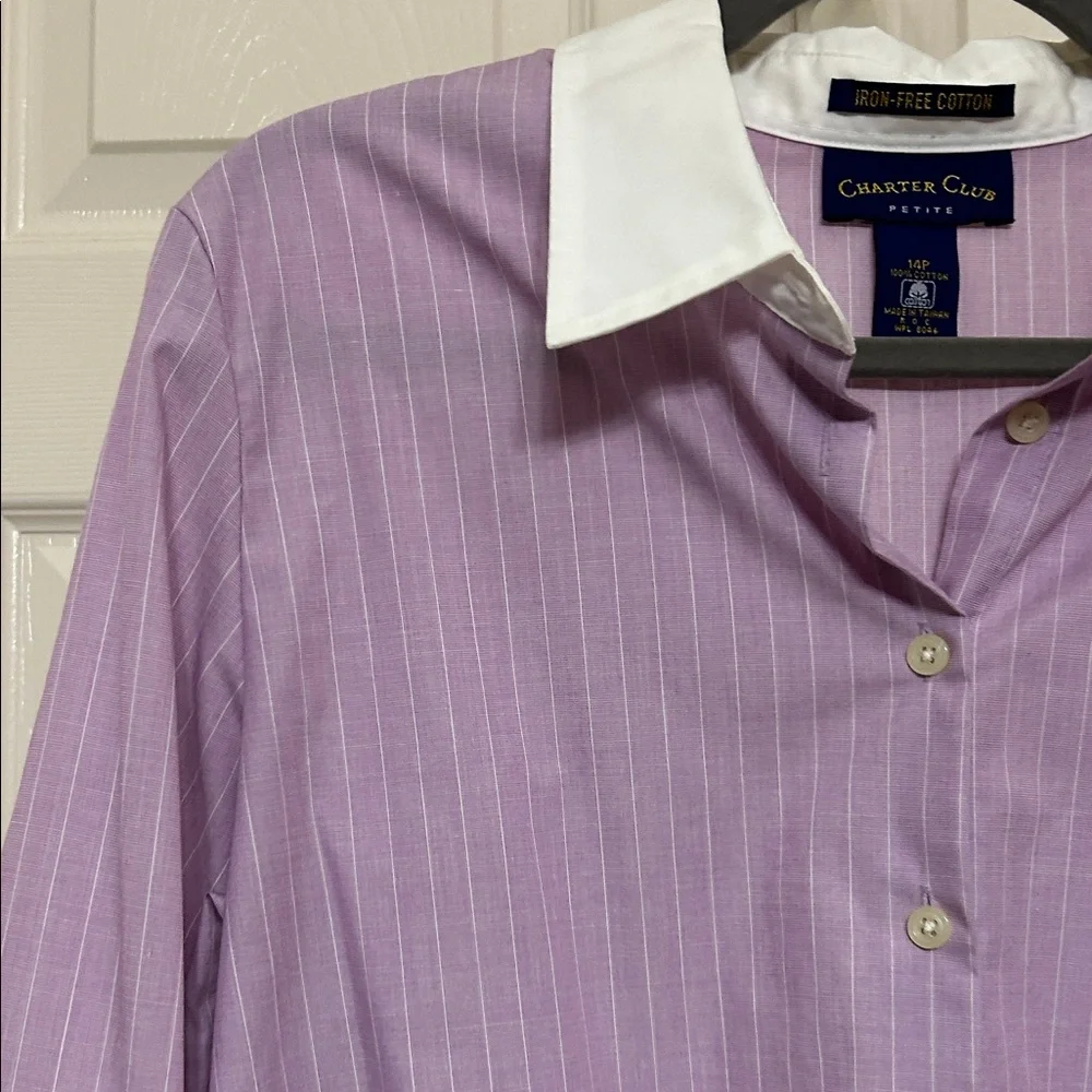 Charter Club Lavender Button-Down Shirt with White Pin Stripes Y2K Cotton Hi-Lo - Picture 3 of 14